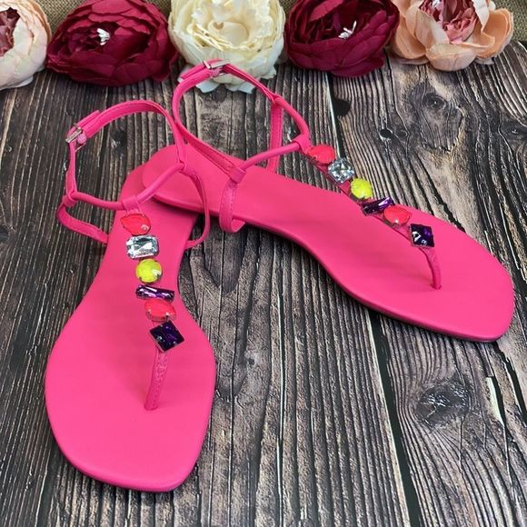 Schutz Neon Pink Eryl Embellished Thong Sandals 9B - Picture 7 of 8